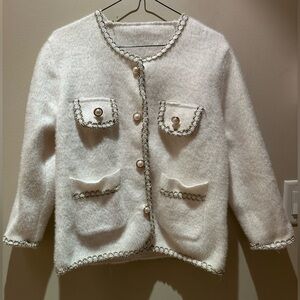 Stylish White Cardigan with Pearl Accents